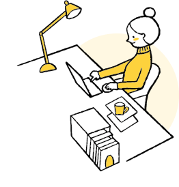 コーヒーを飲みながらデスクで仕事をする女性のイラスト