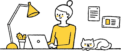 リモートワークをする女性と猫のイラスト