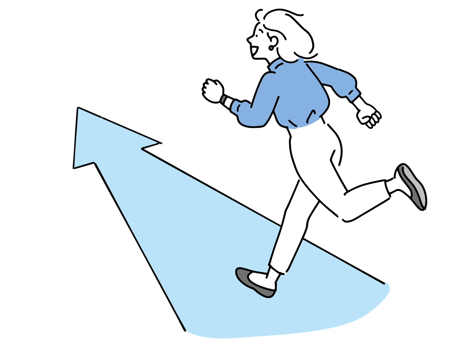 成長や前進を象徴する、上向きの矢印の上を走る女性のイラスト